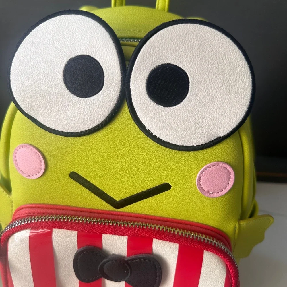 Sanrio Loungefly Keroppi Frog Mini Backpack Green Red Striped with Plush Charm